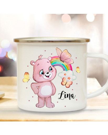 Emaille Becher Camping Tasse Bär Bärchen Regenbogen Glück versch. Farben mit Wunschname Name Kaffeetasse Geschenk eb671