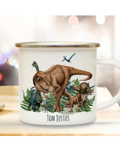 Tasse Emaille Becher Dino Dinos Dinosaurier T-Rex Triceratops Brontosaurus Name Wunschname Kaffeebecher Geschenk Bundle66 ts2106 & eb683