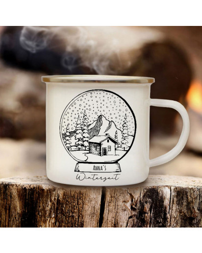 Emaille Becher Camping Tasse Winterzeit Schneekugel mit Wunschname Name Kaffeetasse Geschenk Winter Weihnachten eb685