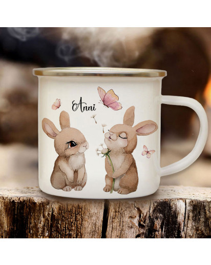 Emaille Becher Camping Tasse 2 Häschen Hasen Paar Hase Pusteblume mit Wunschname Name Kaffeetasse Geschenk Frühling Ostern eb687