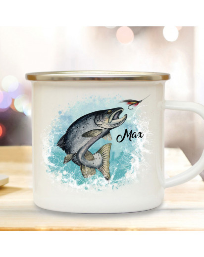 Emaillebecher Mug Becher Tasse Camping Meerforelle Lachsforelle Fisch & Lachsfliege mit Wunschname Name Kaffeetasse Geschenk Bundle72 ts2117 eb688