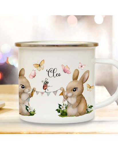 Emaille Becher Camping Tasse 2 Häschen Hasen Paar Hase Marienkäfer mit Wunschname Name Kaffeetasse Geschenk Frühling Ostern eb689