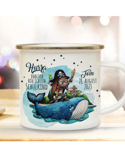 Emaille Becher Einschulung Tasse Trinkbecher Pirat mit Wal Spruch Hurra endlich Schulkind Wunschname + Datum Geschenk eb703