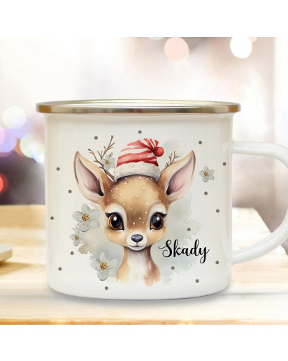 Emaille Becher Camping Tasse Winterzeit Reh mit Weihnachtsmütze Wunschname Name Kaffeetasse Geschenk Winter Weihnachten eb707