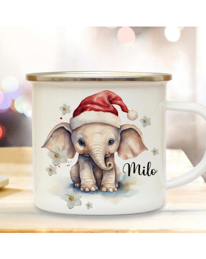 Emaille Becher Camping Tasse Winterzeit Elefant mit Weihnachtsmütze Wunschname Name Kaffeetasse Geschenk Winter Weihnachten eb708