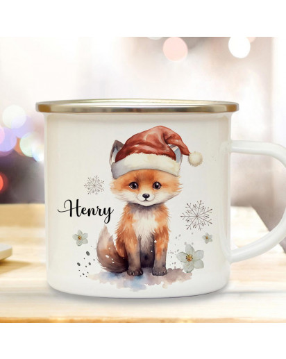 Emaille Becher Camping Tasse Winterzeit Fuchs mit Weihnachtsmütze Wunschname Name Kaffeetasse Geschenk Winter Weihnachten eb709