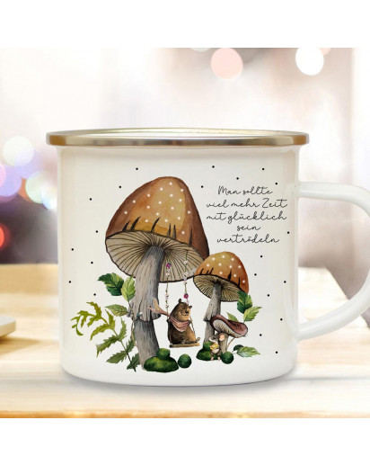 Emaille Becher Camping Tasse Herbstzeit Pilze Bär auf Schaukel Spruch mehr Zeit glücklich sein Kaffeetasse Geschenk Herbst eb715