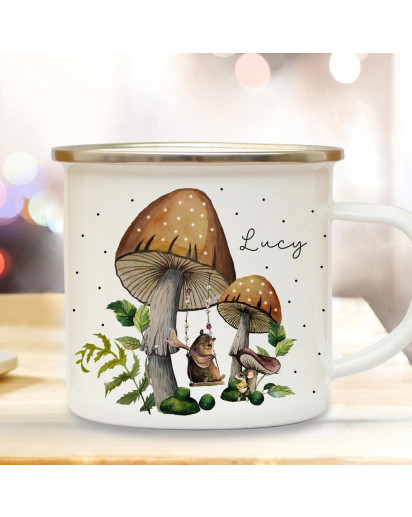 Emaille Becher Camping Tasse Herbstzeit Pilze Bär auf Schaukel Wunschname Name Kaffeetasse Geschenk Herbst eb716