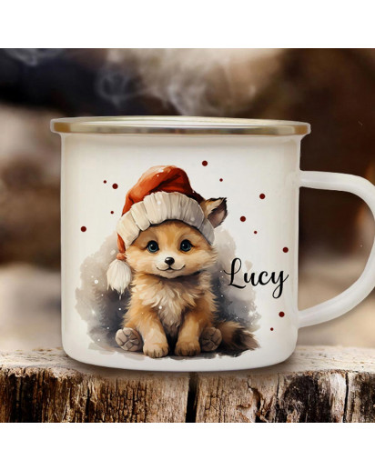 Emaille Becher Camping Tasse Winter Winterzeit Fuchs mit Mütze Wunschname Name Kaffeetasse Geschenk Weihnachten eb717