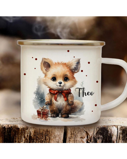 Emaille Becher Camping Tasse Winter Winterzeit Fuchs mit Schleife Wunschname Name Kaffeetasse Geschenk Weihnachten eb718