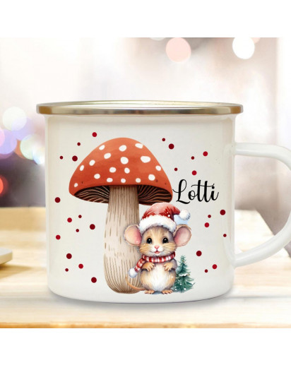 Emaille Becher Camping Tasse Winter Winterzeit Mäuschen Fliegenpilz Pilz Wunschname Name Kaffeetasse Nikolaus Geschenk Weihnachten eb719