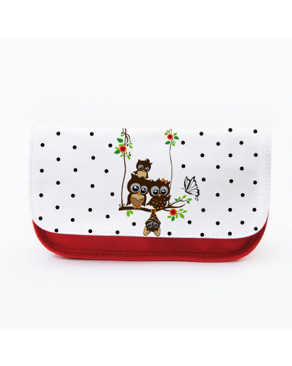 Federtasche Kosmetiktasche Eule auf Schaukel mit Punkten f070 Pencil case cosmetic bag Owl on swing with butterfly f070