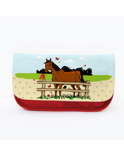 Federtasche Kosmetiktasche Pferd mit Schmetterlingen und Wiese f074 Pencil case cosmetic bag horse with butterflies and meadow f074