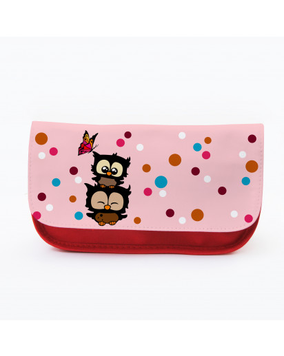 Federtasche Kosmetiktasche Eulen mit bunten Punkten und Schmetterling f077 Pencil case cosmetic bag owls with colorful dots and butterfly f077