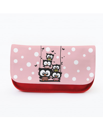 Federtasche Kosmetiktasche Eulen auf Schaukel mit Punkten und Schmetterlingen f079 Pencil case cosmetic bag owls on swing with dots and butterflies f079