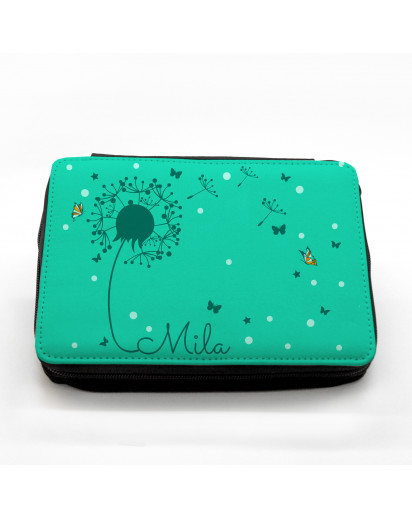 Gefüllte Federtasche Pusteblume mit Punkten Schmetterlingen und Wunschnamen fm032 Filled pencil case dandelion with butterflies points and desired name fm032