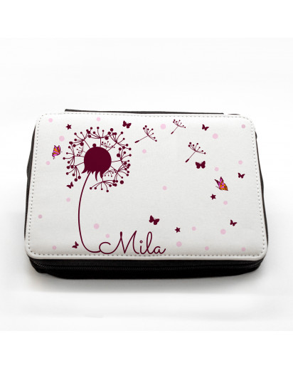 Gefüllte Federtasche Pusteblume mit Punkten Schmetterlingen und Wunschnamen fm034 Filled pencil case dandelion with butterflies points and desired name fm034