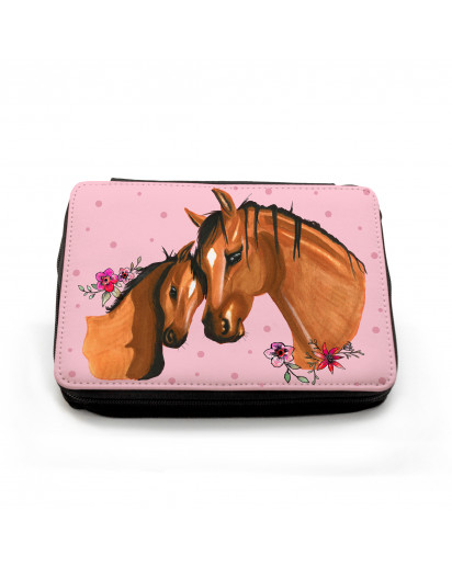 Gefüllte Federtasche Pferd mit Fohlen Punkten und Blumen fm044 Filled pencil case horse with foal dots and flowers fm044