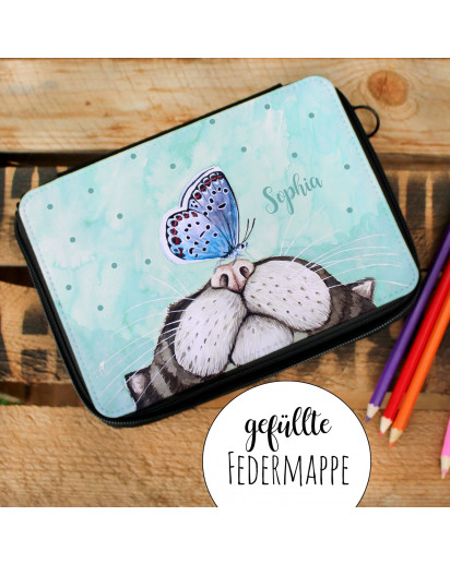 Gefüllte Federtasche Federmappe Federmäppchen mit Katze Schmetterling und Name Wunschname fm136