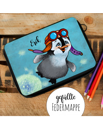 Gefüllte Federtasche Schulstart Federmappe individuelles Federmäppchen Pinguin Pilot und Name Wunschname fm142