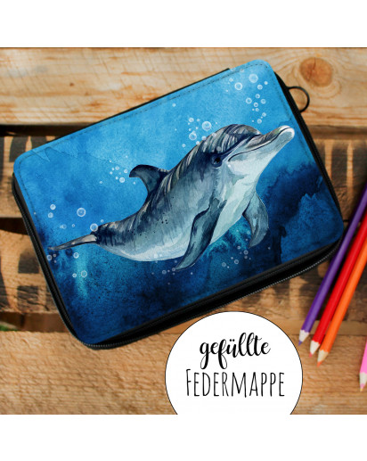 Gefüllte Federtasche mit Delfin Schulstart Federmappe individuelles Federmäppchen Delphin mit Namen Wunschnamen fm180