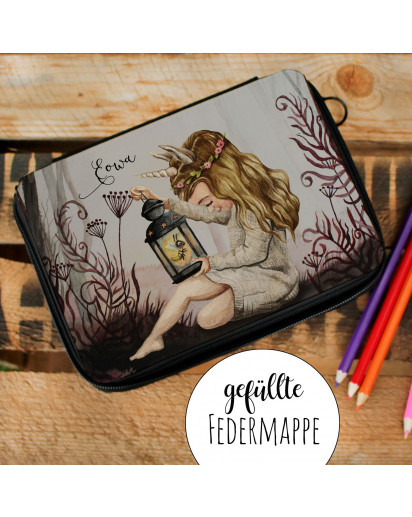 Gefüllte Federtasche mit Einhornmädchen Elva Schulstart Federmappe individuelles Federmäppchen & Namen Wunschnamen fm188