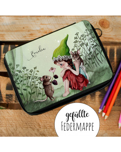 Gefüllte Federtasche Elfe Fee mit Maus im Wald Schulstart Federmappe individuelles Federmäppchen & Namen Wunschnamen fm193