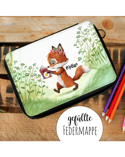 Gefüllte Federtasche Fuchs mit Buch Schulstart Federmappe individuelles Federmäppchen & Wunschnamen fm226