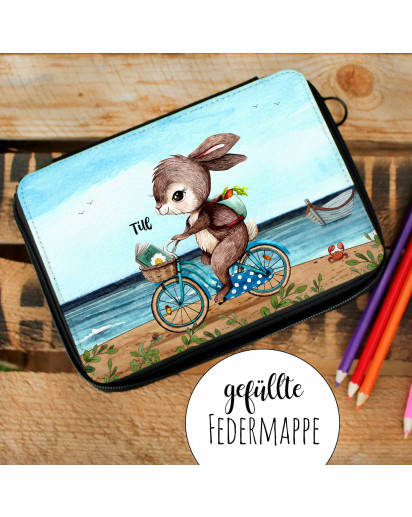 Gefüllte Federtasche Hase auf Fahrrad am Meer Schulstart Federmappe individuelles Federmäppchen & Wunschnamen fm228