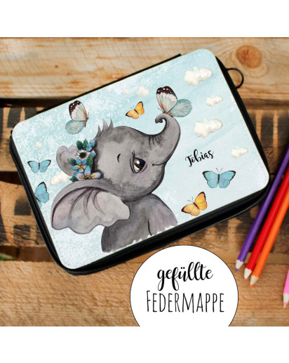 Schultertasche Schultasche Tasche Umhängetasche Federtasche Federmappe Elefant Schmetterlinge Wunschname Geschenk Bundle47 tsu105 fm250