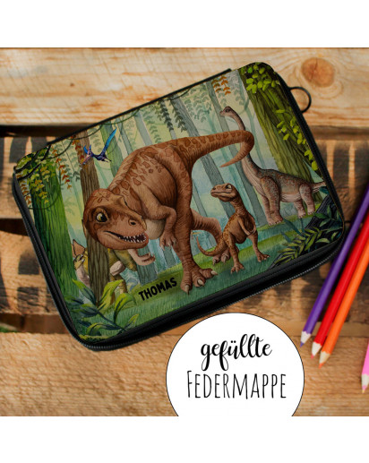 Waschtasche Kosmetiktasche Tasche Federtasche Federmappe Dinosaurier Dinos T-Rex im Dschungel Wunschname Geschenk Bundle64 wt253 fm258