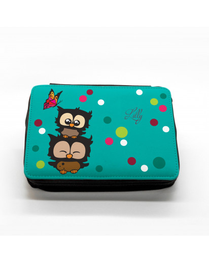 Hauptbild gefüllte Federtasche Eulen mit Punkten und Schmetterling filled pencil case owls with dots and butterfly