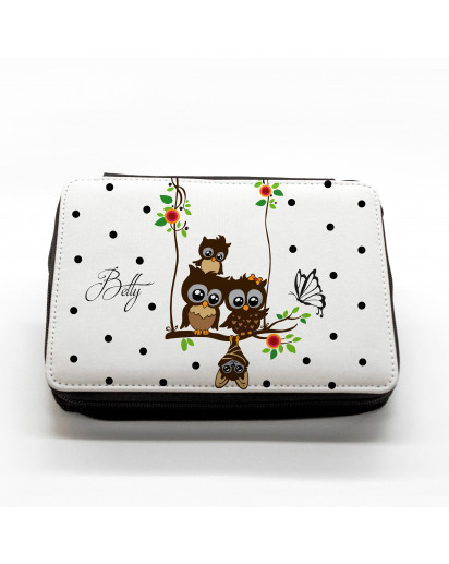 Hauptbild gefüllte Federtasche Eulen auf Schaukel mit Punkten und Schmetterling filled pencil case owls on swing with dots and butterfly