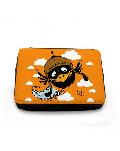 Gefüllte Federtasche fliegender Vogel Birdforce mit Wolken und Wunschnamen filled pencil case flying bird bird force with clouds and custom name fm054