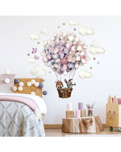 Wandtattoo Kinderzimmerdeko Heißluftballon Hortensie Blüten Ballon Häschen mit Wolken Schmetterlinge Deko Dekoration für Kinderzimmer fw16