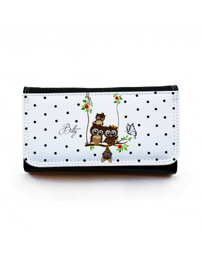 Portemonnaie große Geldbörse Brieftasche Eulchen auf Schaukel mit Punkten und Wunschnamen gbg020 Wallet big purse billfold little owls on swing with dots and desirable name gbg020