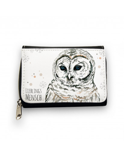 Hauptbild Portemonnaie Geldbörse Schneeeule mit Punkten Schneeflocken und Spruch Lieblingsmensch wallet purse snow owl with dots snowflakes and saying favourite person gk059