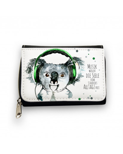 Hauptbild Portemonnaie Geldbörse Koala Bär mit Kopfhörer und Spruch Musik wäscht die Seele vom Staub des Alltags frei wallet purse koala bear with headphones and saying music washes the soul free from the dust of everyday life gk060