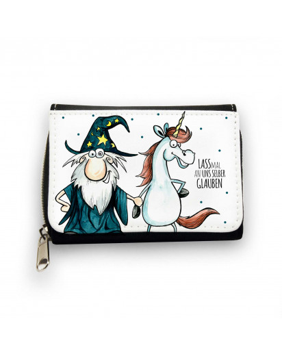 Geldbörse Zauberer und Einhorn mit Spruch lass mal an uns selber glauben Wallet wizard and unicorn with saying  let's  believe on ourselves gk087