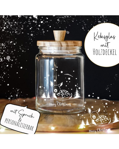 Keksglas Keksdose Vorratsglas mit lustigen Spruch und Holzdeckel Geschenk personalisierbar Reh Merry Christmas Weihnachten glkh06