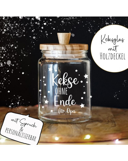 Keksglas Keksdose Vorratsglas mit lustigen Spruch und Holzdeckel Geschenk personalisierbar Wunschname Name Kekse ohne Ende glkh08