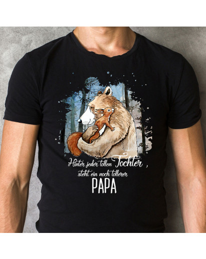 Herren T-Shirt Bär mit Eichhörnchen & Spruch Hinter tollen Tochter steht tollerer Papa Shirt schwarz in 4 Größen hs9