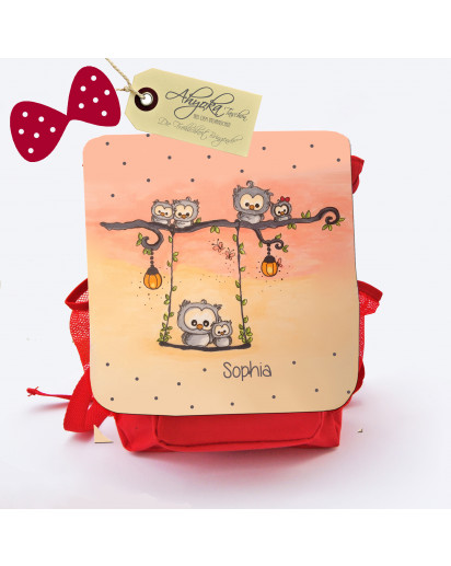 Hauptbild Rucksack Kinderrucksack Kindergartentasche Kindertasche Tasche Eulen auf Schaukel „Sommerabend“ mit Punkten und Wunschname kids backpack kindergarden bag child bag owls on swing „summer's eve“ with dots and desired name kgn