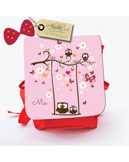 Hauptbild Rucksack Kinderrucksack Kindergartentasche Kindertasche Tasche Eulen auf Schaukel mit Blüten Schmetterlingen und Wunschnamen kids backpack kindergarden bag child bag owls on swing with blossoms butterflies and desired name kgn012