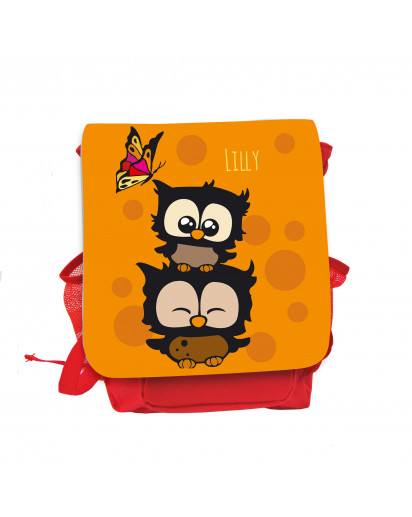 Hauptbild Rucksack Kinderrucksack Kindergartentasche Kindertasche Tasche Eulchen mit Schmetterling Punkten und Wunschnamen in orange  kids backpack kindergarden bag child bag owls with butterfly dots and desired name in orange kgn028