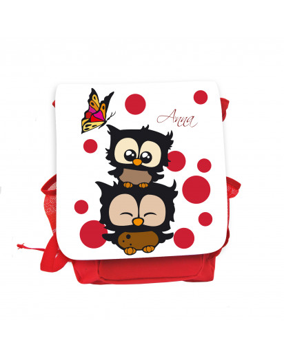 Hauptbild Rucksack Kinderrucksack Kindergartentasche Kindertasche Tasche Eulchen mit Schmetterling roten Punkten und Wunschnamen in weiß kids backpack kindergarden bag child bag owls with butterfly red dots and desired name in white kgn030