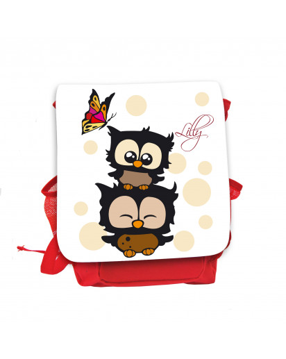 Hauptbild Rucksack Kinderrucksack Kindergartentasche Kindertasche Tasche Eulchen mit Schmetterling beigen Punkten und Wunschnamen in weiß kids backpack kindergarden bag child bag owls with butterfly beige dots and desired name in white kgn031