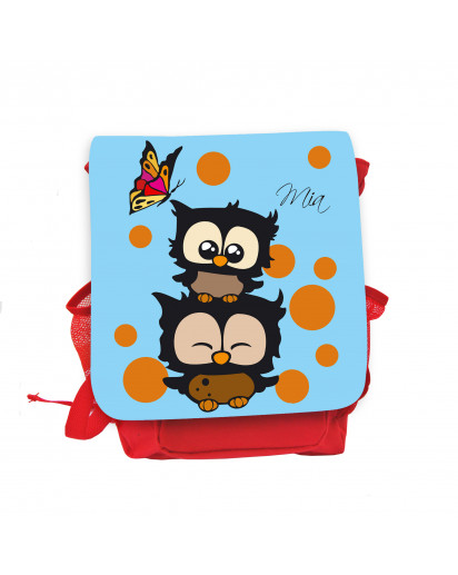 Hauptbild Rucksack Kinderrucksack Kindergartentasche Kindertasche Tasche Eulchen mit Schmetterling braunen Punkten und Wunschnamen in blau kids backpack kindergarden bag child bag owls with butterfly brown dots and desired name in blue kgn033