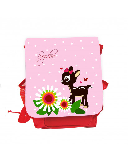 Hauptbild Rucksack Kinderrucksack Kindergartentasche Kindertasche Tasche Reh Rehkitz mit Blumen Punkten Schmetterlingen und Wunschnamen in rosa kids backpack kindergarden bag child bag deer fawn with flowers dots butterflies and desired name in rose kgn03