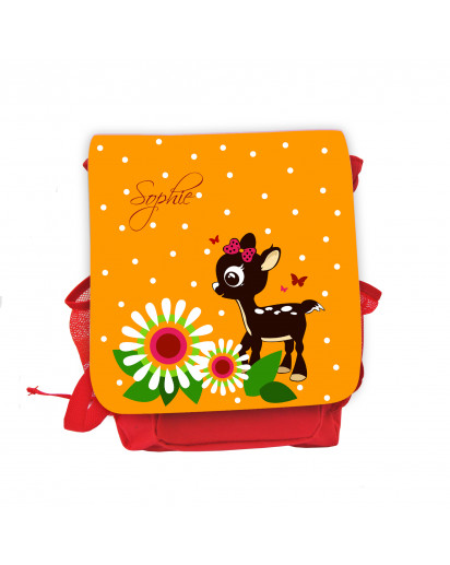 Hauptbild Rucksack Kinderrucksack Kindergartentasche Kindertasche Tasche Reh Rehkitz mit Blumen Punkten Schmetterlingen und Wunschnamen in orange kids backpack kindergarden bag child bag deer fawn with flowers dots butterflies and desired name in orange k